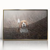 Framed wall art featuring a Basset Hound design in gold-accented acrylic, showcasing the dog’s expressive face and unique droopy ears, perfect for pet lovers.