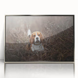 Framed wall art featuring a Basset Hound design in a silver-acrylic frame, showcasing the dog’s distinctive droopy ears and playful expression against a neutral background. Perfect for pet lovers and home decor enthusiasts.