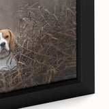 Close-up of a framed canvas wall art featuring a playful Basset Hound design, showcasing intricate details and vibrant colors, perfect for dog lovers' home decor.