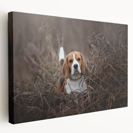 Basset Hound wall art design on stretched canvas showcasing a charming side view of the dog, featuring warm colors and intricate details, perfect for home decor.