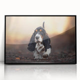 Framed wall art featuring a stylish Basset Hound design on acrylic, showcasing a black frame and vibrant colors, perfect for pet lovers' home decor.