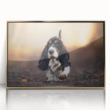 Framed wall art featuring a Basset Hound design, showcasing a gold-accented acrylic frame and a vibrant depiction of the dog’s distinctive features. Ideal for pet lovers and home decor enthusiasts.