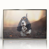 Framed wall art featuring a striking Basset Hound design, elegantly displayed in a silver frame with an acrylic front, perfect for dog lovers and home decor enthusiasts.