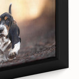 Close-up of a framed canvas featuring a Basset Hound design, showcasing vibrant colors and intricate details, perfect for dog lovers' home decor collection.