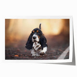Basset Hound wall art print showcasing a charming illustration of the breed, perfect for dog lovers. The rolled print features vibrant colors and intricate details, ideal for home decor or gifting.