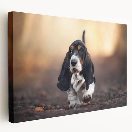 Basset Hound canvas wall art showcasing a playful side view of the beloved breed, featuring warm tones and intricate details, perfect for dog lovers' decor.