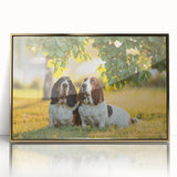 Framed wall art featuring a Basset Hound design in a gold-accented frame, showcasing the dog's distinct long ears and expressive eyes, ideal for pet lovers' decor.