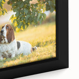 Close-up of a framed canvas wall art featuring a whimsical Basset Hound design, showcasing vibrant colors and intricate details, perfect for dog lovers.
