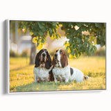 Framed wall art showcasing a Basset Hound design on a white canvas, highlighting the dog's distinctive droopy ears and expressive eyes, ideal for pet lovers.