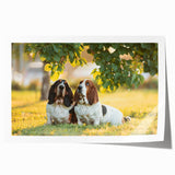 Basset Hound wall art print showcasing a whimsical and colorful design, perfect for dog lovers, featuring vibrant hues and playful patterns on a rolled canvas. Ideal for home decor.