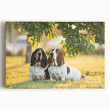 Basset Hound wall art design on stretched canvas, showcasing a detailed front view of the playful dog, ideal for pet lovers' home decor.