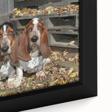 Close-up of a framed canvas wall art featuring a vibrant basset hound design, showcasing rich colors and detailed textures, ideal for dog lovers’ home decor.
