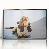 Framed wall art showcasing a Basset Hound design in a silver frame, featuring vibrant colors and intricate details, perfect for dog lovers' home décor.