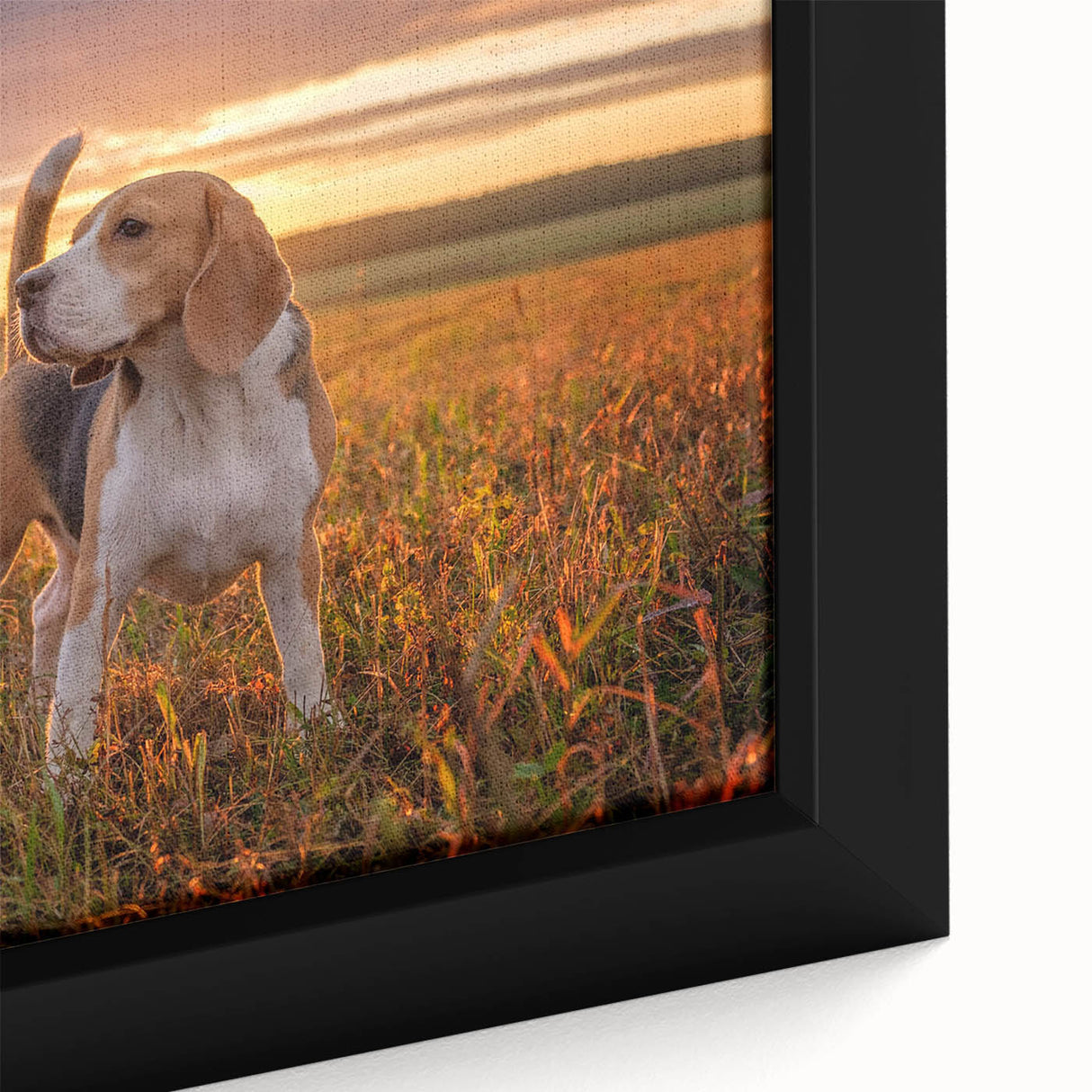 Close-up of a framed canvas wall art featuring a charming beagle design, showcasing vibrant colors and intricate details, perfect for dog lovers and home decor.