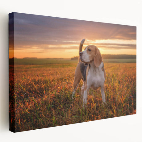 Beagle wall art design on stretched canvas showcasing a playful beagle in a vibrant, colorful setting, ideal for dog lovers' home decor.