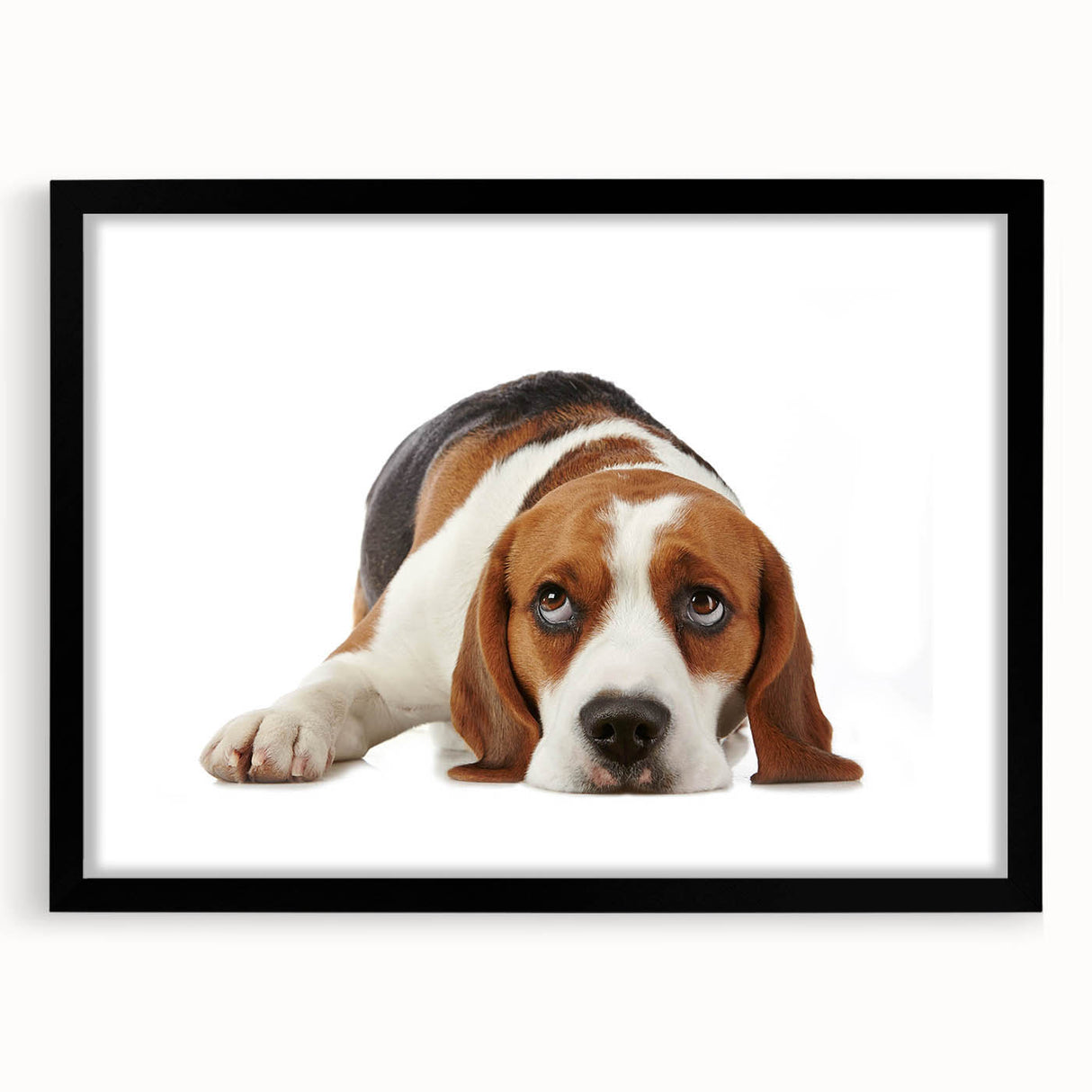 Black framed wall art featuring a whimsical Beagle design, showcasing vibrant colors and intricate details, perfect for dog lovers' home decor.