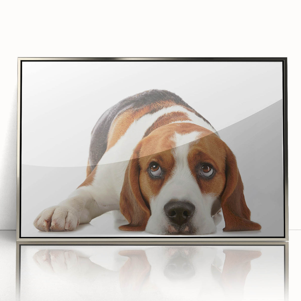 Framed acrylic wall art showcasing a stylish beagle design in silver, perfect for dog lovers. The artwork features vibrant colors and a modern aesthetic, ideal for home decor.