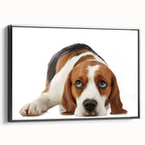 Framed canvas wall art showcasing a vibrant beagle design in a black frame, perfect for dog lovers, displayed from a side view against a neutral background.
