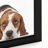 Close-up of a framed canvas wall art featuring a beautifully detailed Beagle dog design, showcasing vibrant colors and intricate textures, ideal for dog lovers.