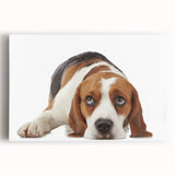 Beagle dog wall art design featuring a vibrant, colorful illustration on stretched canvas, showcasing the playful nature of beagles. Perfect for pet lovers.