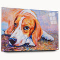 Beagle-themed wall art collection displayed from a side view, featuring vibrant acrylic glass and stylish pins, perfect for dog lovers' home decor.