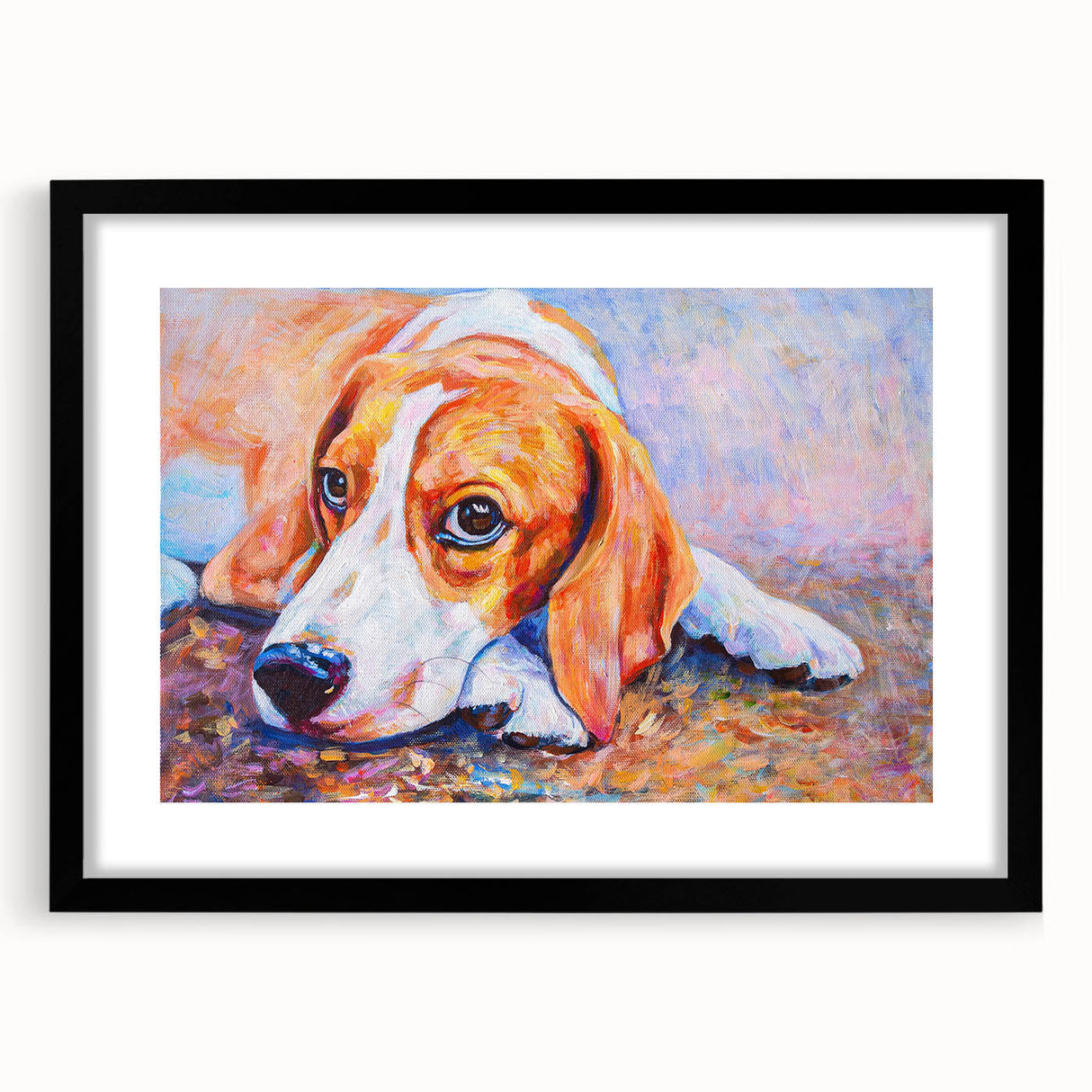 Beagle wall art collection featuring a framed design in black with a mat, showcasing a detailed front view of a playful beagle. Perfect for dog lovers' decor.