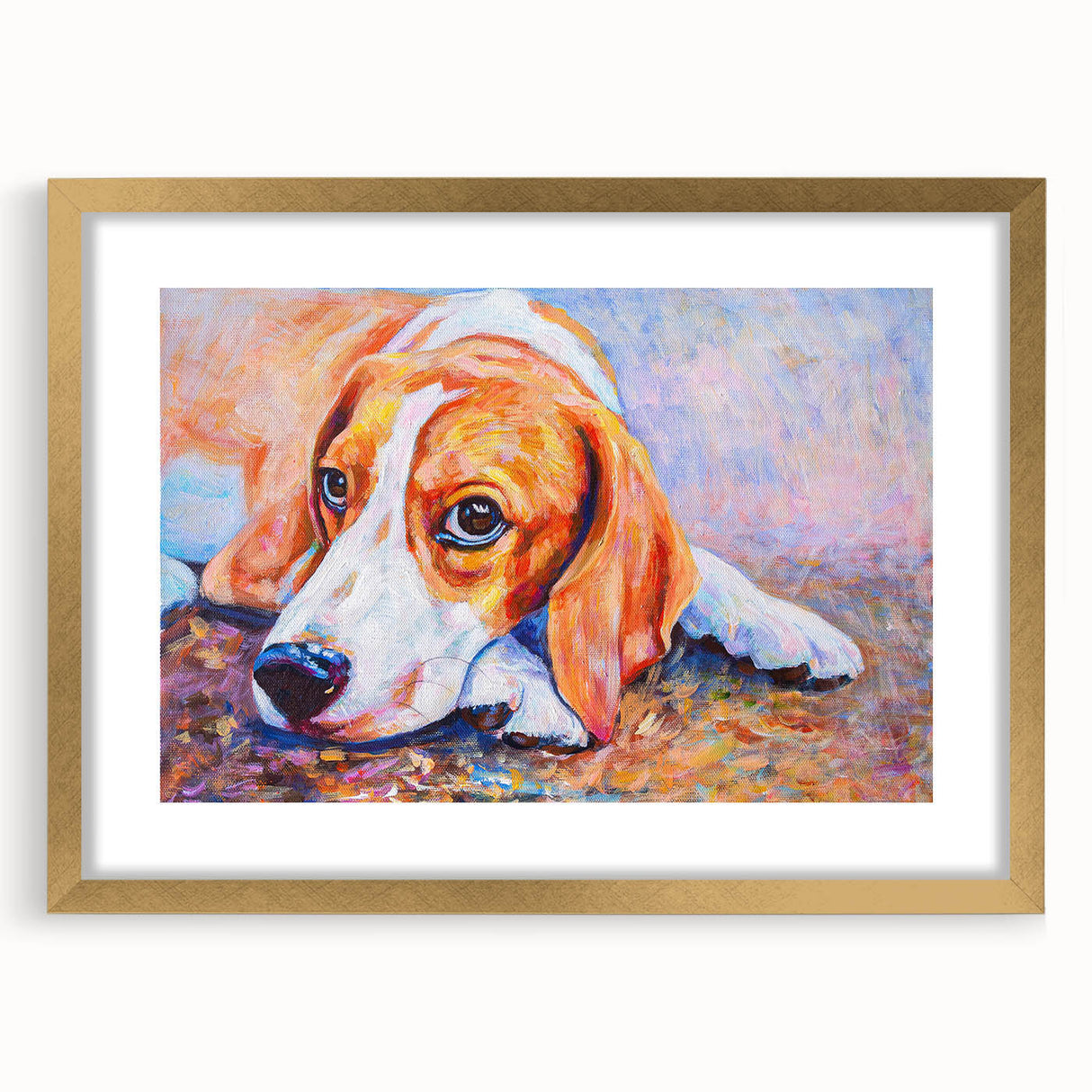 Beagle-themed wall art collection framed in gold, showcasing a charming front view of a beagle design with a white mat, perfect for dog lovers' home decor.