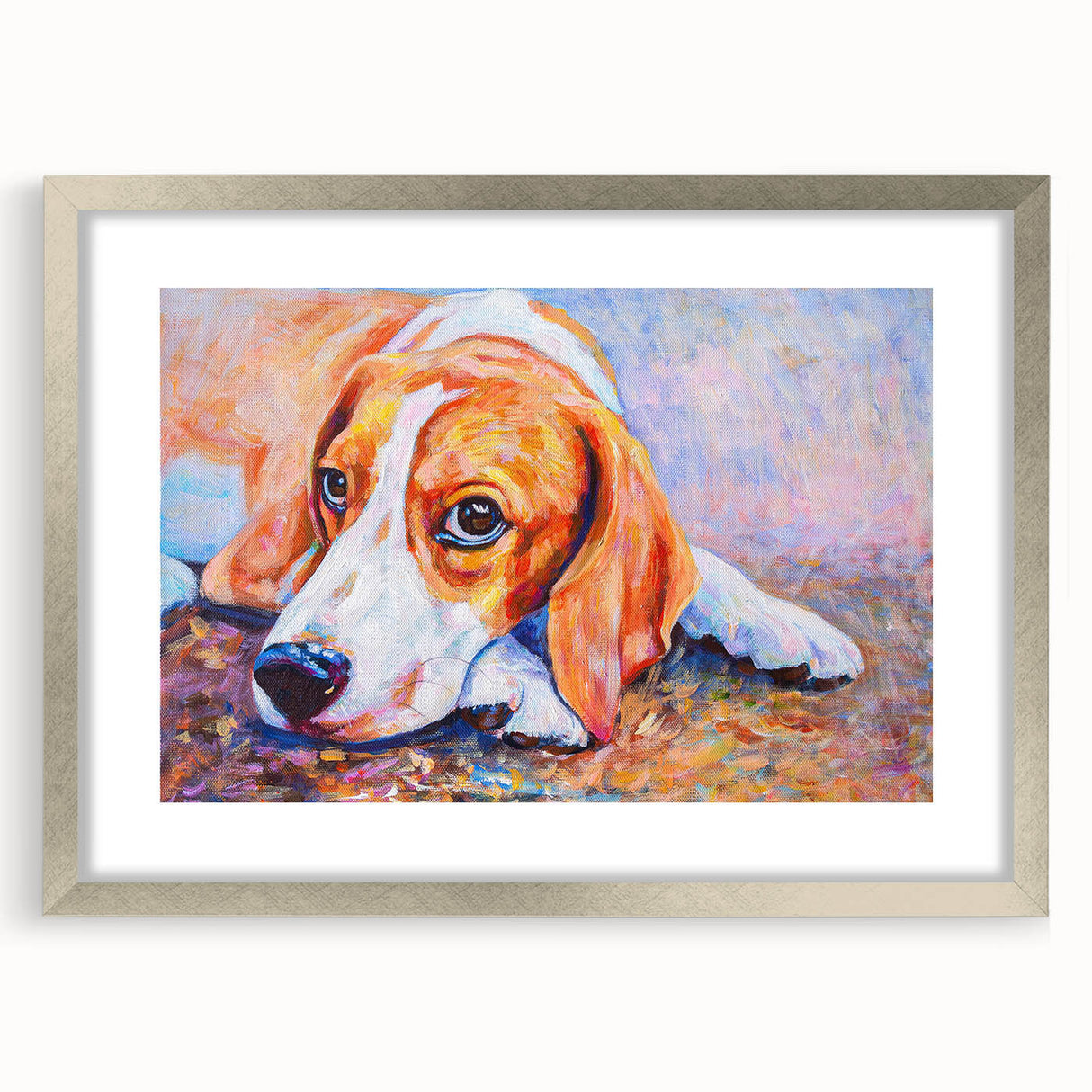 Beagle-themed wall art collection framed in silver, showcasing a detailed illustration of a playful beagle dog against a bright background. Ideal for dog lovers.
