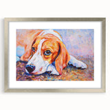 Beagle-themed wall art collection framed in silver, showcasing a detailed illustration of a playful beagle dog against a bright background. Ideal for dog lovers.