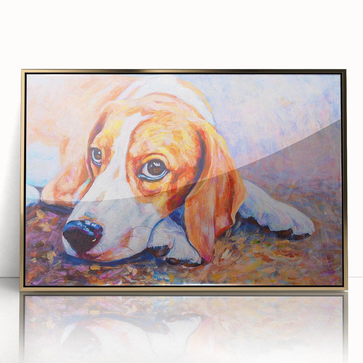 Framed wall art featuring a beagle design in a modern acrylic frame with a gold finish, highlighting the playful expression of the dog against a neutral background. Perfect for pet lovers and home decor enthusiasts.
