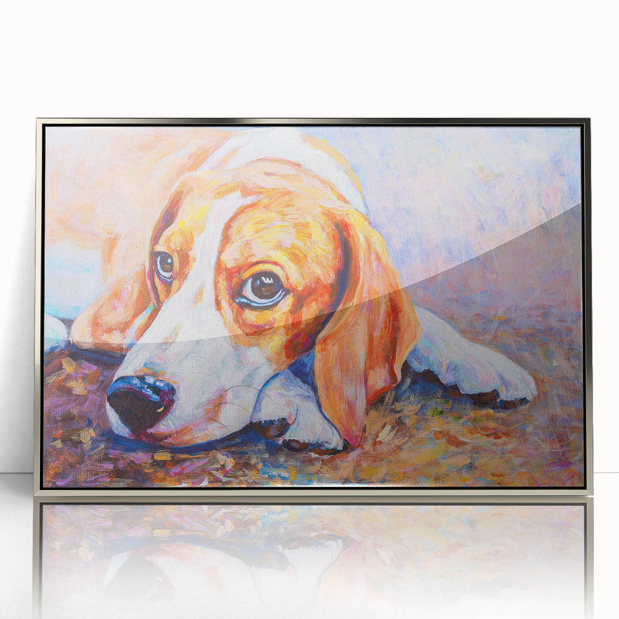 Framed wall art featuring a stylish Beagle design with a sleek silver acrylic front, perfect for pet lovers seeking modern home decor. Ideal for living rooms or dog-themed spaces.