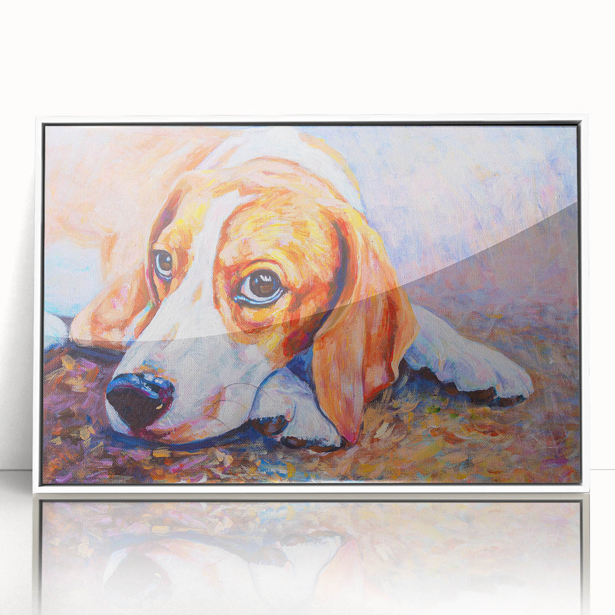 Framed wall art featuring a stylish beagle design in vibrant colors, displayed in a sleek white frame, ideal for dog lovers' home decor. Perfect for adding charm to any room.