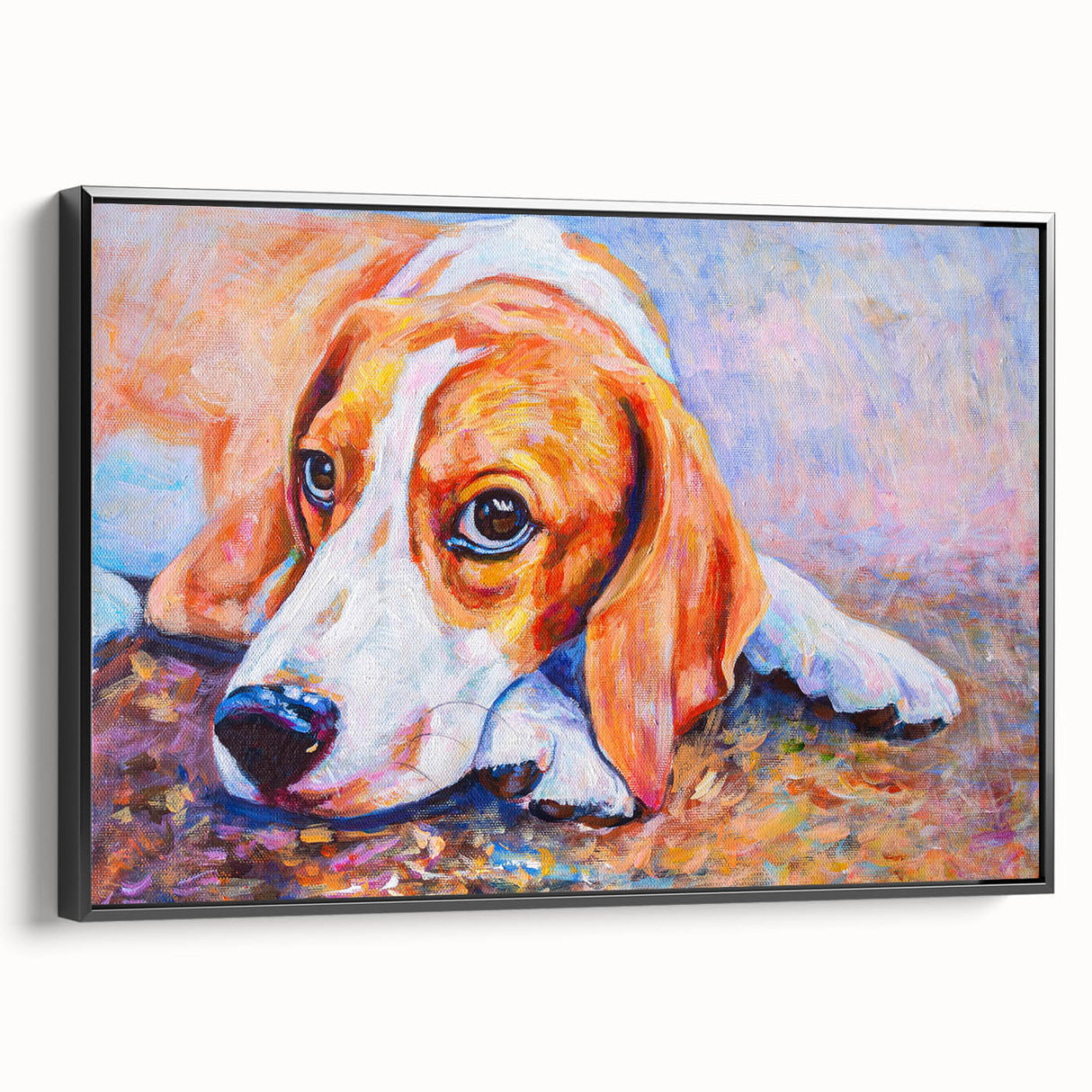 Framed canvas wall art featuring a beagle design, showcasing a playful black and white dog illustration against a vibrant background, perfect for pet lovers' home decor.