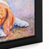 Close-up of a framed canvas wall art featuring a Beagle dog design, showcasing vibrant colors and intricate details, ideal for pet lovers' home decor.