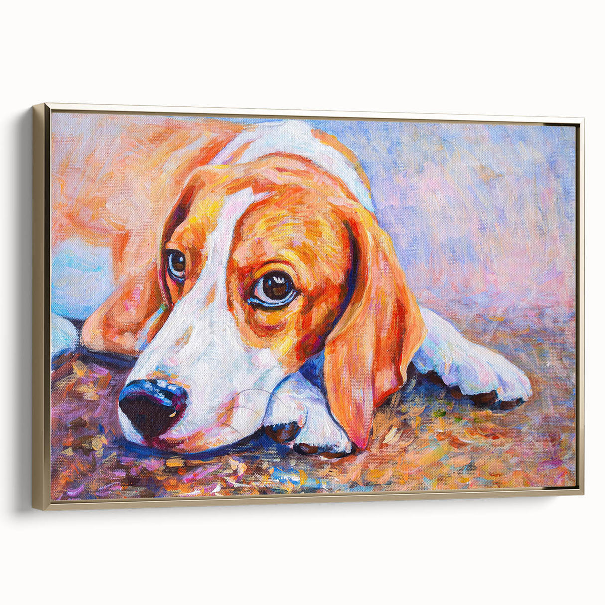 Framed wall art featuring a side view of a beagle design on canvas, showcasing vibrant colors and intricate details, perfect for dog lovers' home decor.