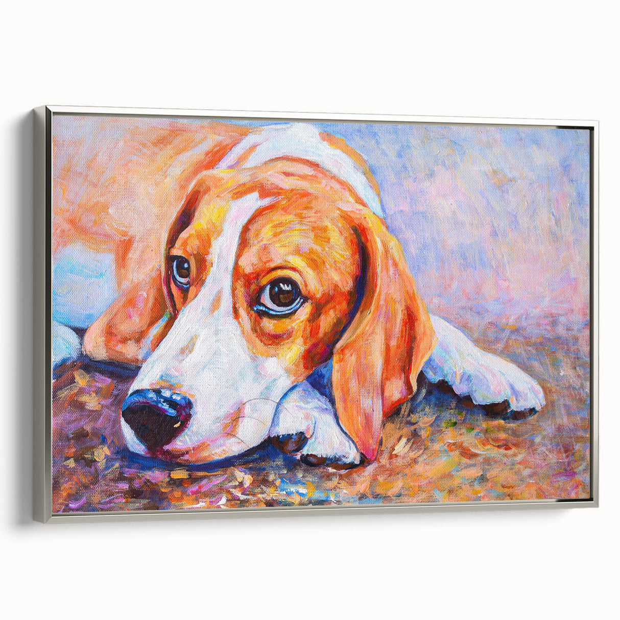 Framed canvas wall art featuring a beagle design in a stylish silver frame, showcasing the dog's playful expression against a vibrant background. Ideal for dog lovers and home decor enthusiasts.
