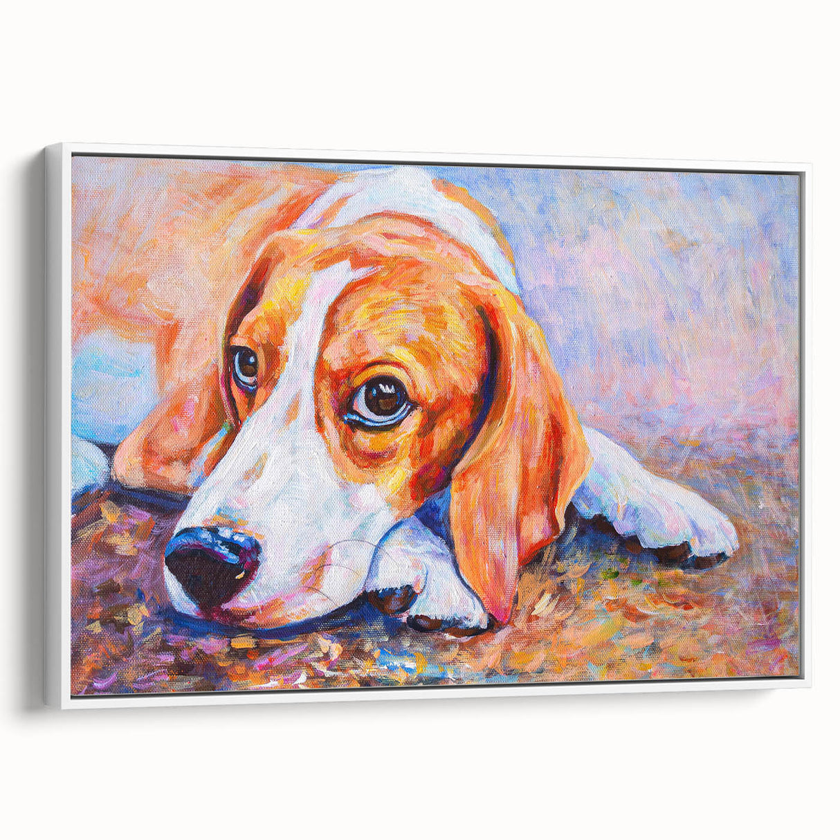Framed canvas wall art showcasing a beagle design in a modern white frame, highlighting the playful nature of the breed, perfect for dog lovers' home decor.