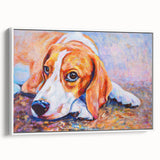 Framed canvas wall art showcasing a beagle design in a modern white frame, highlighting the playful nature of the breed, perfect for dog lovers' home decor.