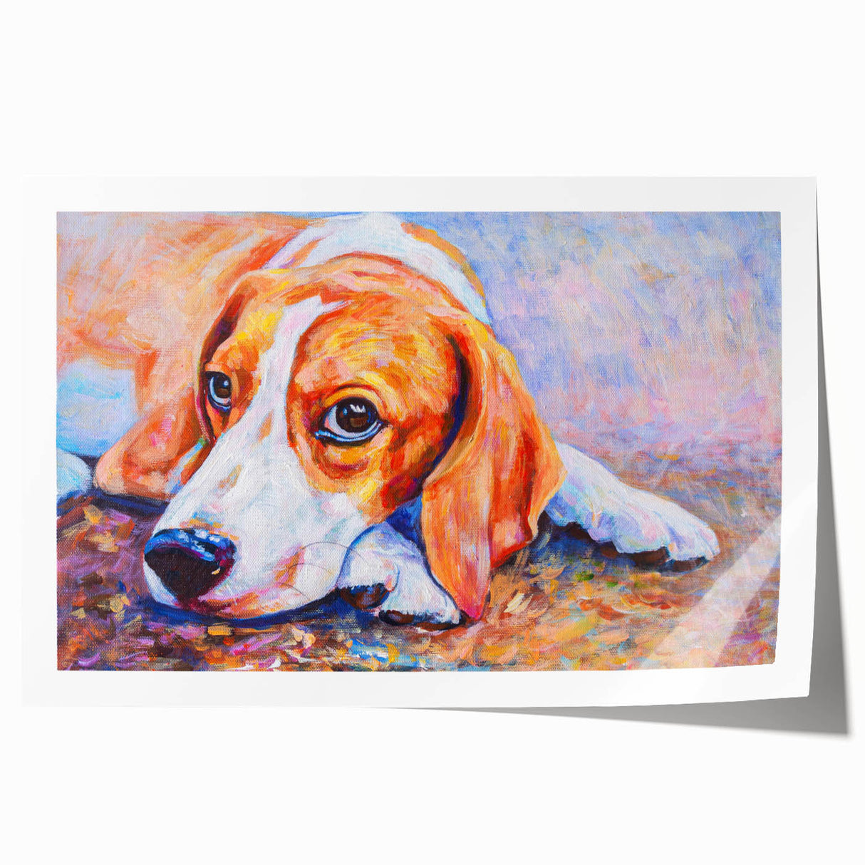 Beagle dog wall art print showcasing a playful and vibrant design, featuring a beagle in a whimsical style against a colorful background, perfect for dog lovers.