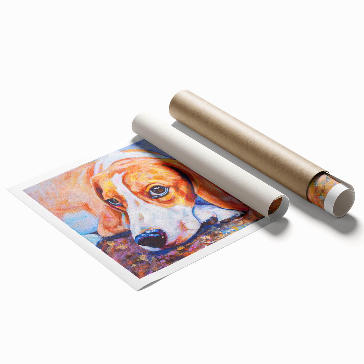 Beagle wall art design featuring a playful beagle illustration in vibrant colors on a rolled canvas print, ideal for dog lovers' home decor.