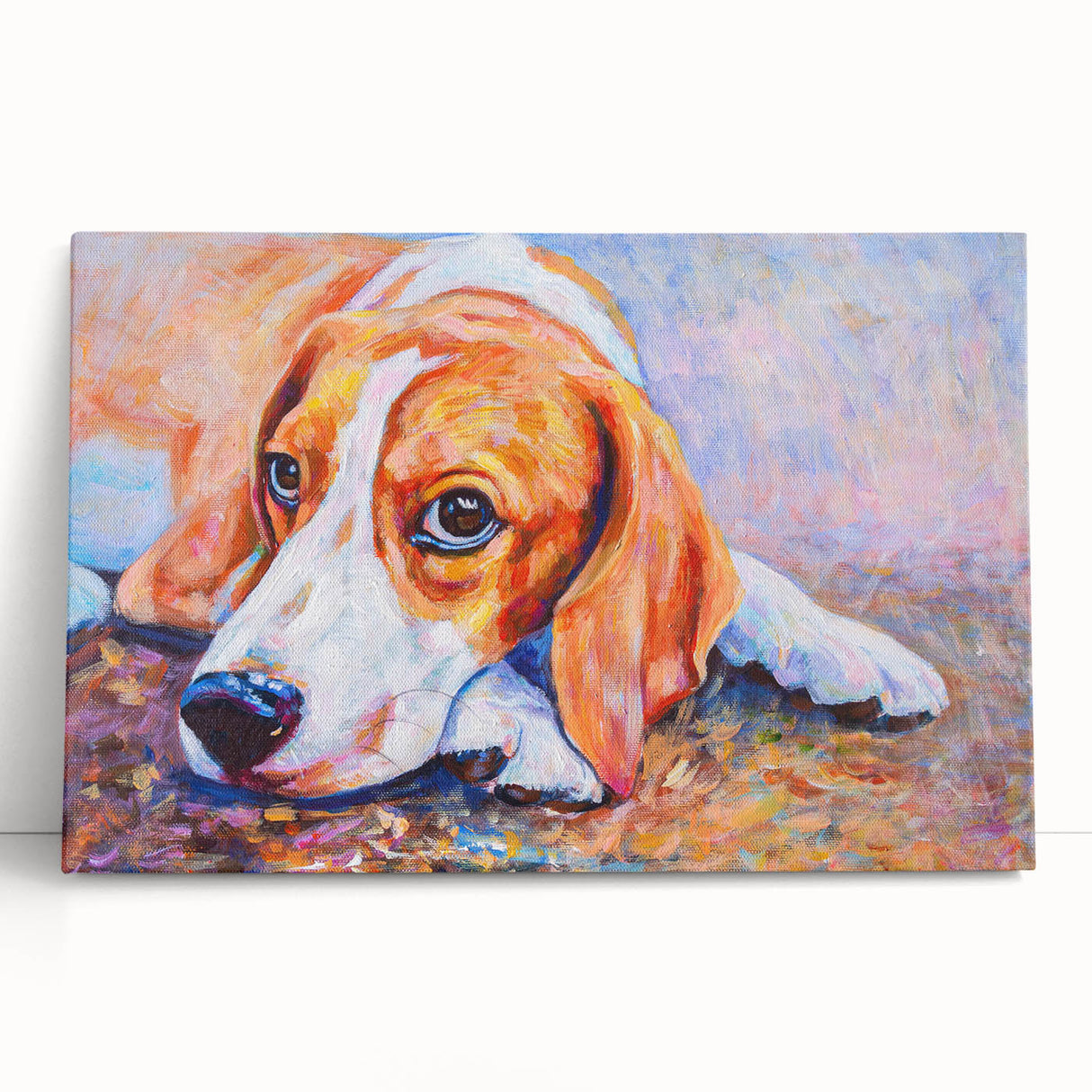 Beagle-themed stretched canvas wall art collection showcasing playful beagle illustrations in vibrant colors, perfect for dog lovers and home decor.