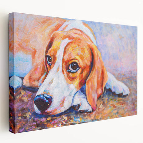 Beagle wall art collection on stretched canvas showcasing vibrant colors and detailed canine design in a side view, perfect for dog lovers' home decor.