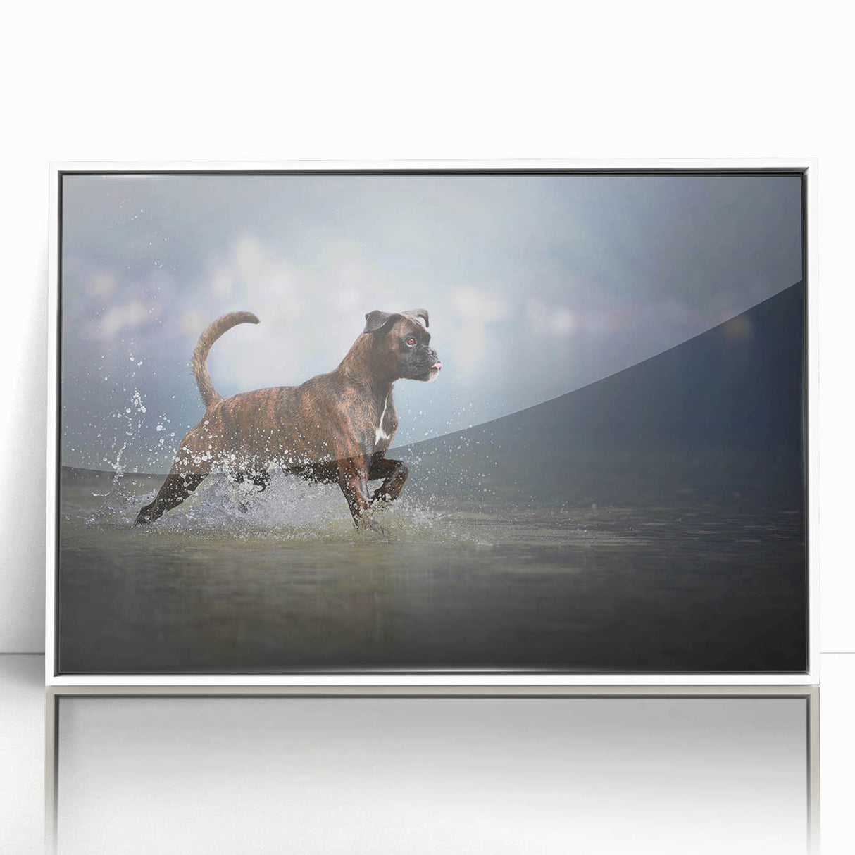 Framed wall art featuring a stylish boxer dog design in vibrant colors, set against a white background, ideal for pet lovers' home decor.