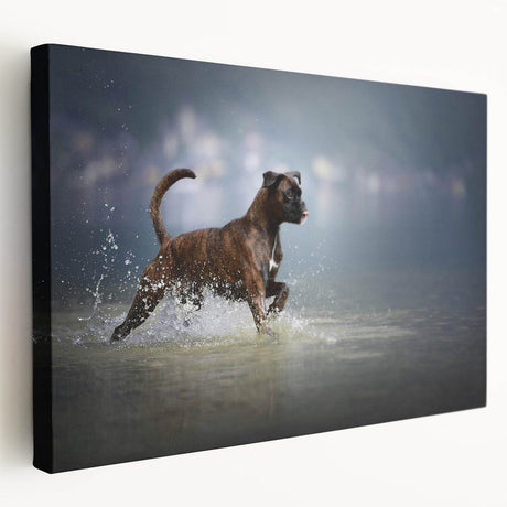 Side view of a stretched canvas featuring a vibrant boxer dog design, showcasing detailed fur textures and playful expression, perfect for pet lovers' home decor.