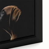 Close-up of a framed canvas wall art featuring a playful boxer dog design, showcasing vibrant colors and intricate details, perfect for pet lovers' home decor.