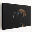 Side view of a stretched canvas wall art featuring a vibrant, detailed illustration of a Boxer dog, showcasing its expressive eyes and unique coat patterns. Perfect for dog lovers and home decor enthusiasts.