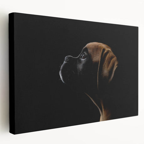 Side view of a stretched canvas wall art featuring a vibrant, detailed illustration of a Boxer dog, showcasing its expressive eyes and unique coat patterns. Perfect for dog lovers and home decor enthusiasts.