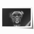 Boxer dog wall art featuring a vibrant, colorful design on a rolled canvas print. Ideal for dog lovers, the artwork showcases the breed's playful character and charm.