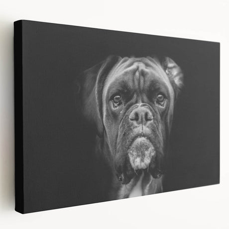 Side view of a stretched canvas wall art featuring a vibrant boxer dog design, showcasing rich colors and detailed textures, ideal for dog lovers' decor.