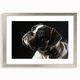 Silver-framed wall art collection showcasing a stylish boxer dog design with a mat, perfect for home decor enthusiasts and dog lovers. Features a sleek front view ideal for modern interiors.